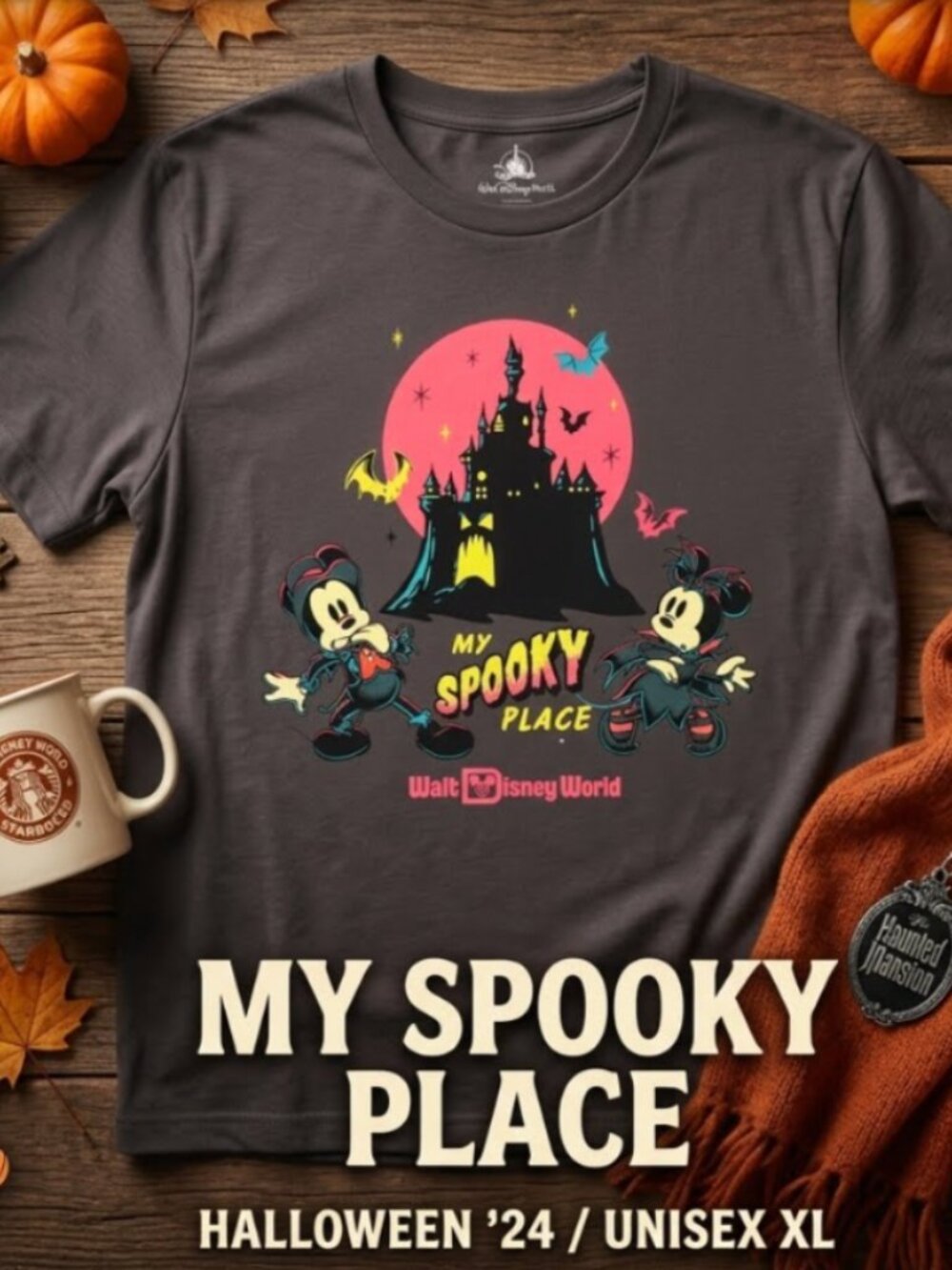 Walt Disney World My Spooky Place Halloween T Shirt Gray Mickey Minnie Unisex XL